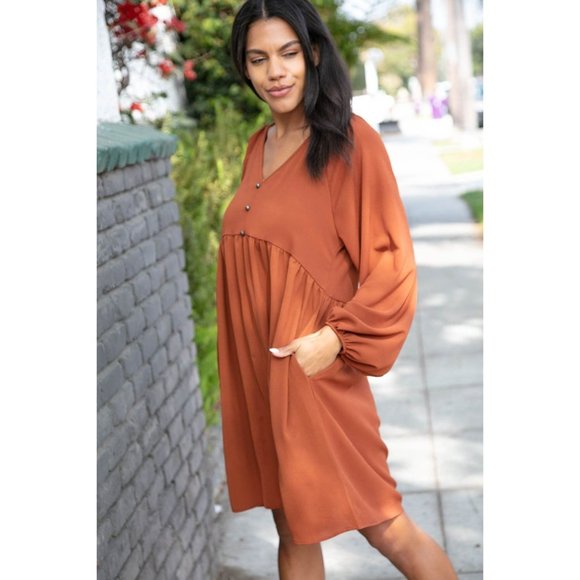 Rust Crepe V Neck Raglan Babydoll Dress - Picture 11 of 12